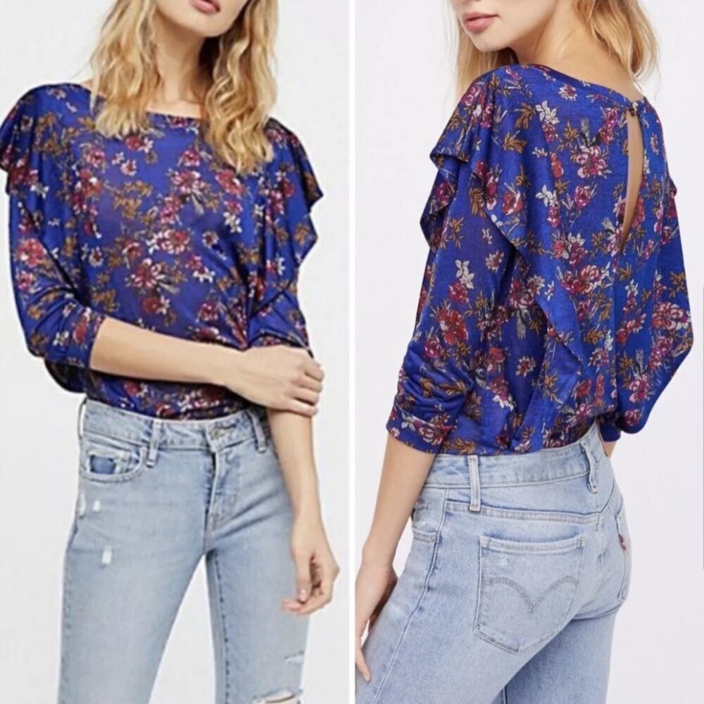 FREE PEOPLE Floral Top Women's Size XS Blue Dock Street Ruffle Bohemian